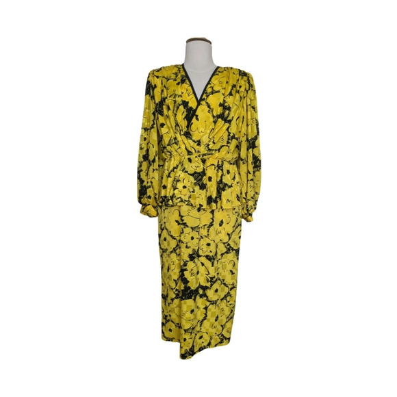 Maison Missy House 70s Peplum Maxi Dress Yellow Vneck Long Sleeve Size S/M - Picture 4 of 17